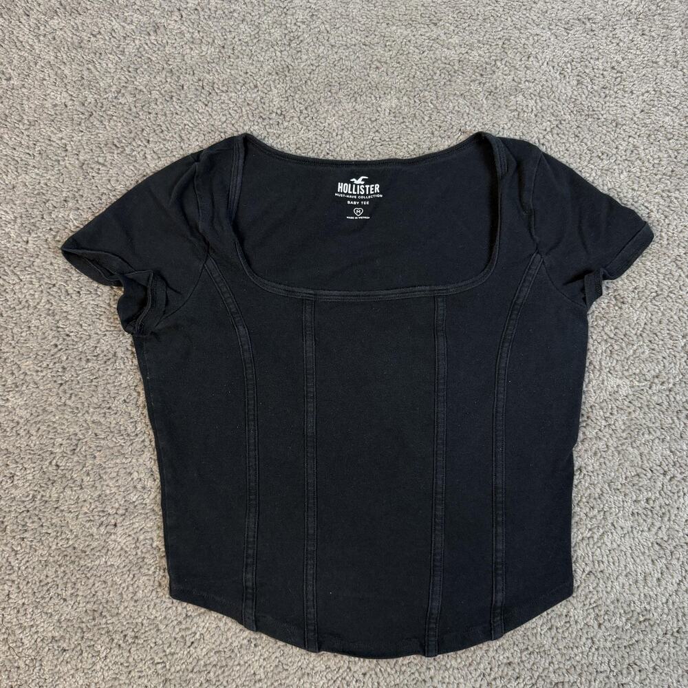 Hollister Shirt Womens M Black Square Neck Baby tee Slim Stretch Jersey